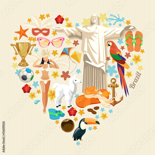 Vector travel poster of Brazil with colorful modern design, brazilian landscape and monuments. Rio de Janeiro advertising card with statue of Jesus. Carnival of Samba. Brazilian football symbols