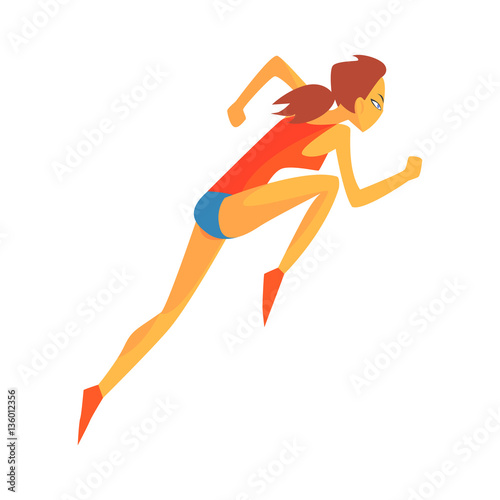 Woman Accelerating At Race Start, Female Sportsman Running The Track In Red Top And Blue Short In Racing Competition Illustration