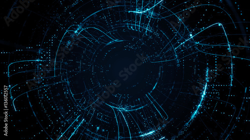 Abstract circular particle background. A lot of small detail and elements. Connections, lines, squares with random scale and opacity.