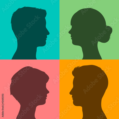 Four silhouettes of heads on colored background