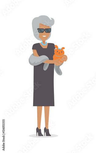 Rich Lady with Pet in Luxury Fur Isolated on White