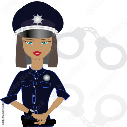 fair-skinned woman cop on a white background with handcuffs