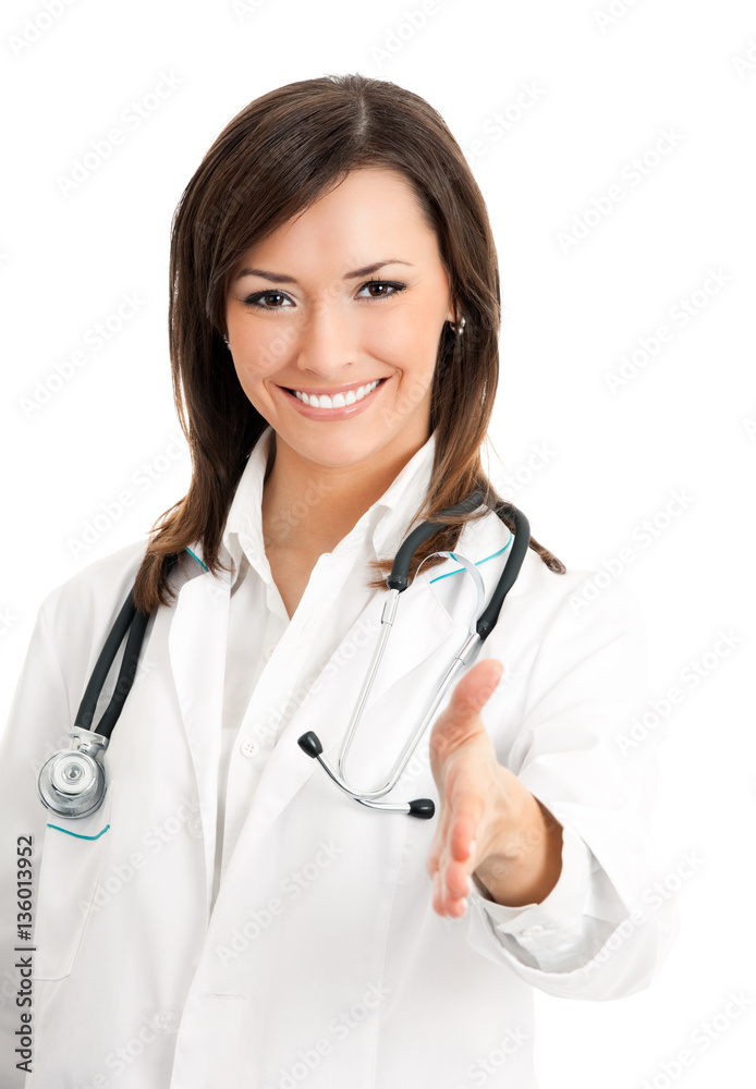 smiling doctor giving hand for handshaking, isolated smiling doctor giving hand for handshaking, isolated