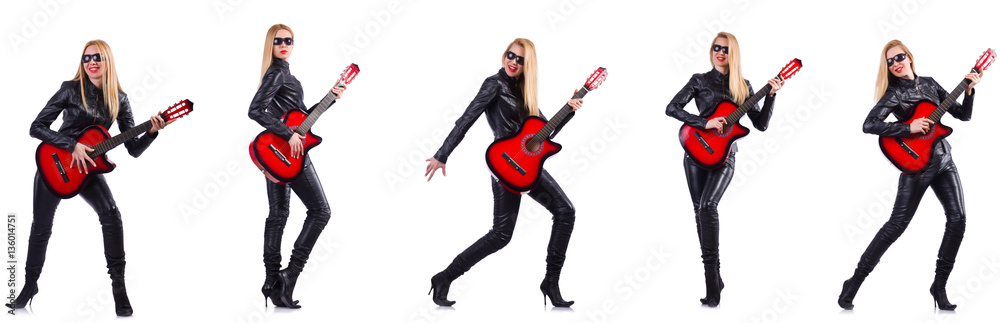 Young woman playing guitar isolated on white