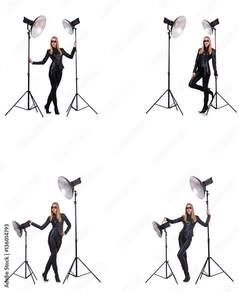 Obraz premium Collage of woman during photo shoot isolated on white