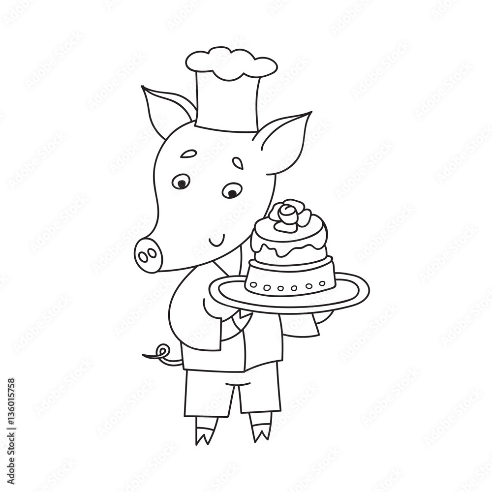Naklejka premium Vector cheerful pig with sweet cake. Cartoon happy confectioner.