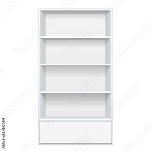 Blank Empty Showcase Display With Retail Shelves. 3D. Front View. Mock Up, Template. Illustration Isolated On White Background. Ready For Your Design. Product Advertising. Vector EPS10