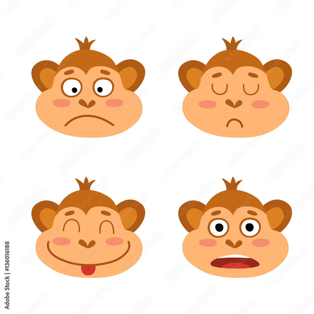 Fototapeta premium Vector set with monkey emotion faces. Cute little monkeys.