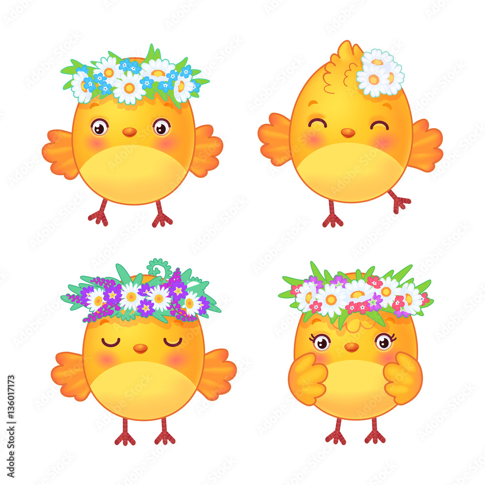 Set of cute easter chickens with wreaths in vector. Design elements for greeting card, scrapbook, party decoration - yellow chicks on white background. Set of cute easter chickens with wreaths in vector. Design elements for greeting card, scrapbook, party decoration - yellow chicks on white background.