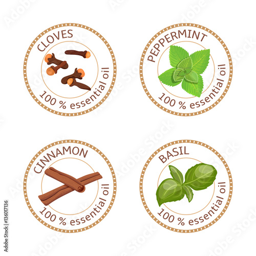 Set of essential oils labels. Cloves, peppermint, cinnamon, basil