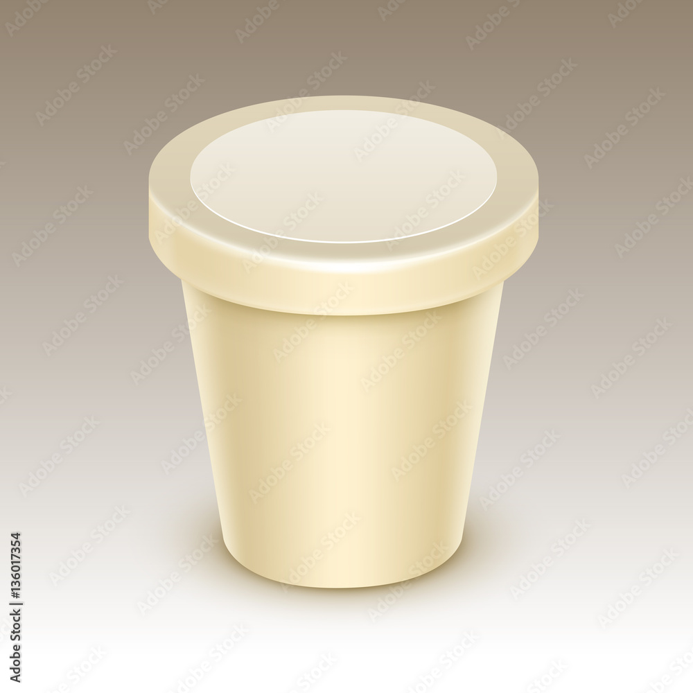 Vector Cream Blank Food Plastic Tub Bucket Container For Vanilla Dessert, Yogurt, Ice Cream, Sour Cream with Label for Package Design Mock Up Close up Isolated on Background