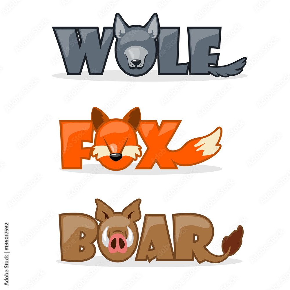 cute cartoon forest wild animals, funny text name boar, wolf and fox Stock  Vector | Adobe Stock