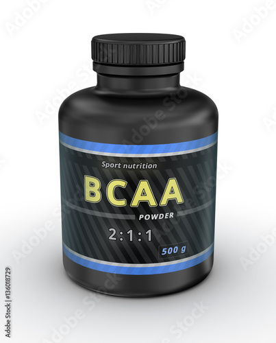 BCAA Container. Branched-Chain Amino Acids set. Sport Nutrition with BCAA. 3D illustration