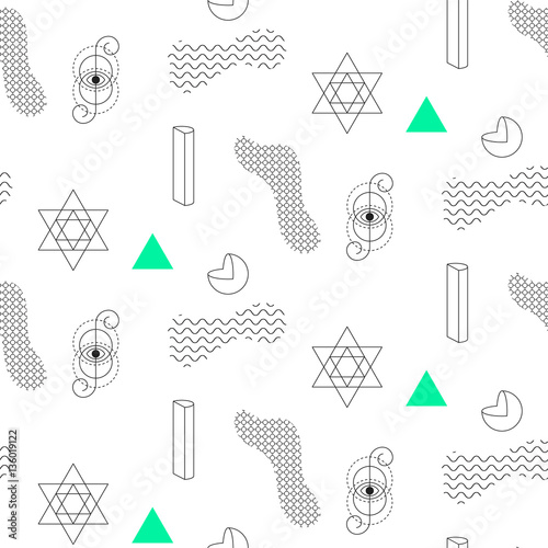 Abstract shapes seamless vector pattern. Sacred elements, color block figures in eighties fashion style. Geometry lines on white.