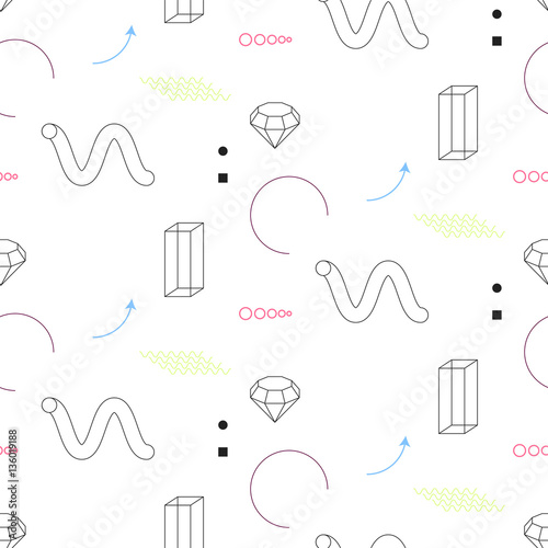 Modern geometry seamless vector pattern. Abstract shapes, color arrows and elements in eighties fashion style. Geometric spirals and diamond on white.