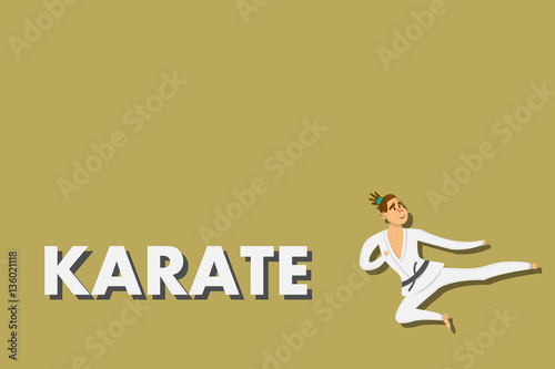 Cartoon karate man wearing kimono training. comic character on yellow background. Flat design