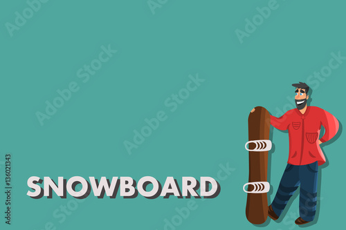 Cartoon snowboarder with snowboard. Flat design of winter sport