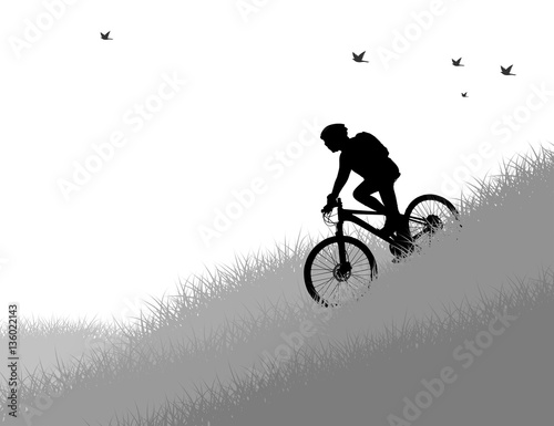 Fototapeta Naklejka Na Ścianę i Meble -  Young woman mountain biking ride on hill vector silhouette people nature background