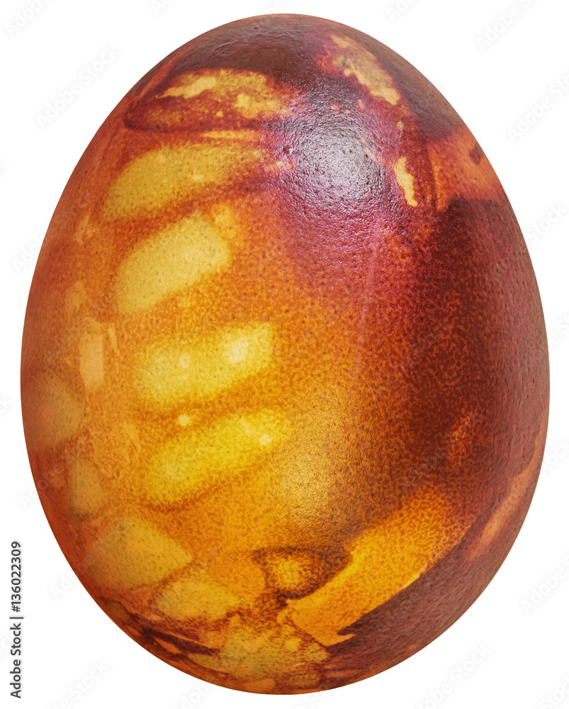 Easter Egg Red Dyed and Decorated with Leaves Imprints Isolated on White Background - obrazy, fototapety, plakaty 