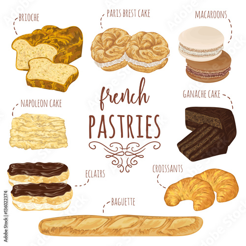 French pastries collection. Brioche, macaroons, croissants, baguette, eclairs, paris brest, ganache, napoleon cakes. Isolated elements. Hand drawn vector illustration in watercolor style