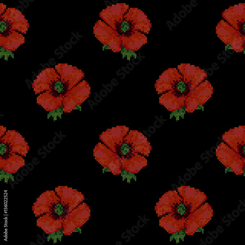 Seamless Pattern with Cross Stitch Red Poppies