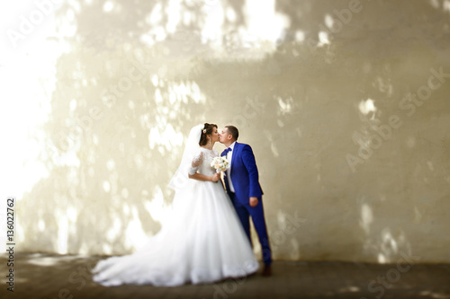 Shadows of trees lie on wedding couple kissing before the beige