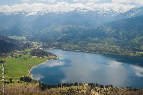 Scenic view on Bohinj lake from Vogar meadow