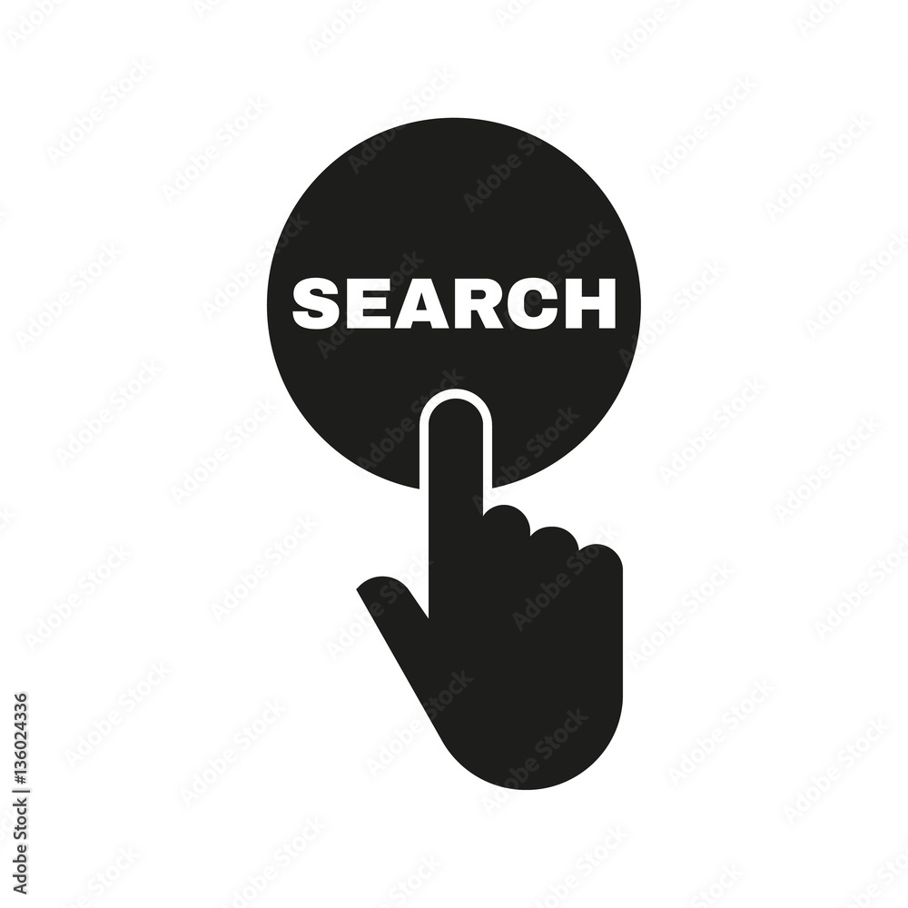 Hand pressing a button with the text SEARCH icon. Seek, look symbol. Flat design. Stock - Vector illustration Hand pressing a button with the text SEARCH icon. Seek, look symbol. Flat design. Stock - Vector illustration