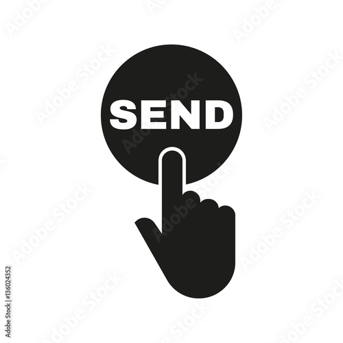 Hand pressing a button with the text SEND icon. Send, submit, ship, dispatch symbol. Flat design. Stock - Vector illustration