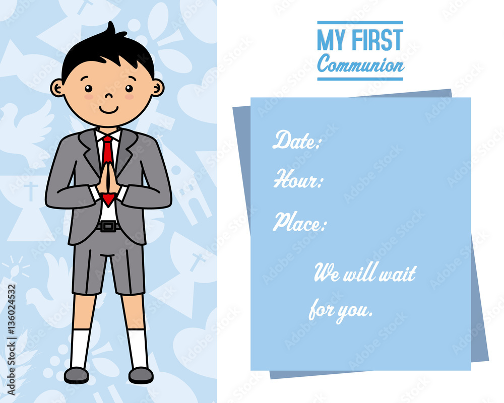 my first communion card. Boy praying. Space for text my first communion card. Boy praying. Space for text