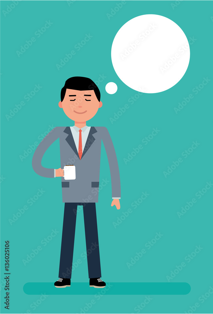 Young Manager holding a Cup of coffee and dreams. Cartoon vector flat-style illustration Young Manager holding a Cup of coffee and dreams. Cartoon vector flat-style illustration