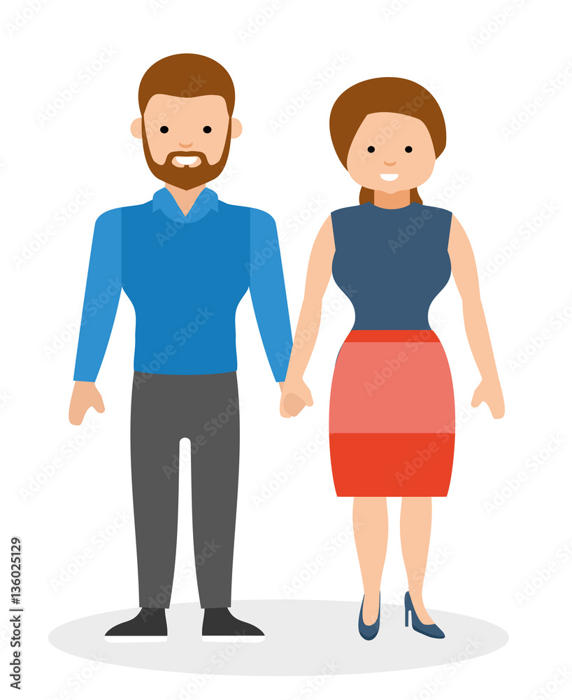 Happy couple holding hands and smiling. European cute family. Cartoon vector flat-style illustration. Happy couple holding hands and smiling. European cute family. Cartoon vector flat-style illustration.
