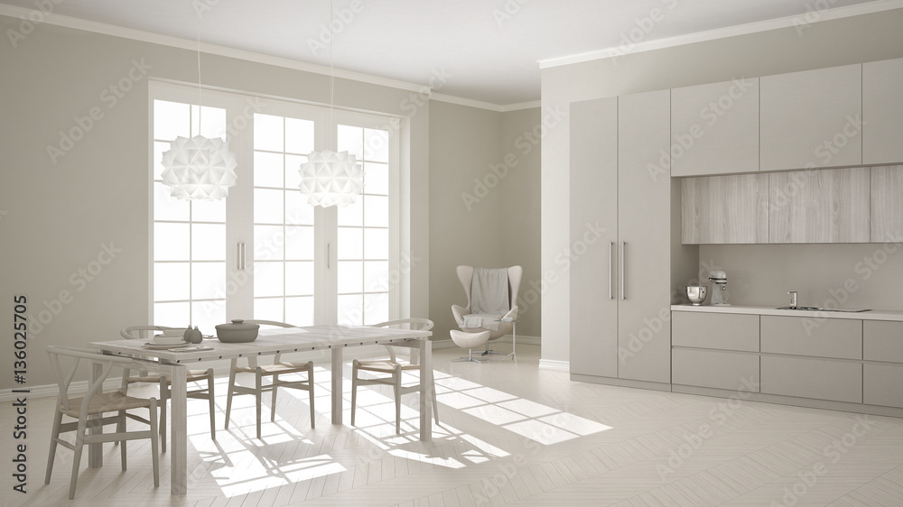 Scandinavian classic white kitchen with wooden and gray details, Scandinavian classic white kitchen with wooden and gray details,