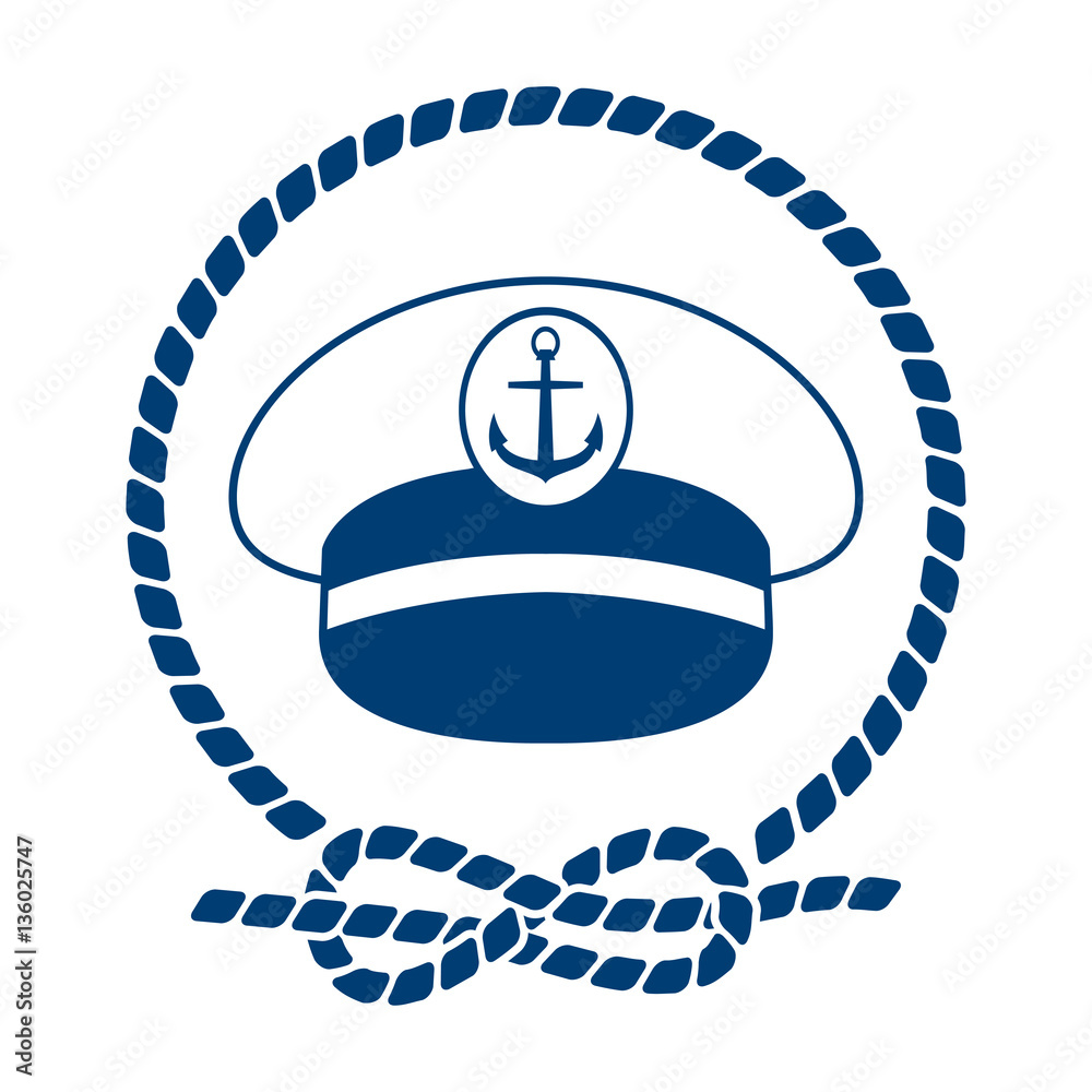 Icono plano gorra capitan barco con circulo de cuerda azul en fondo blanco