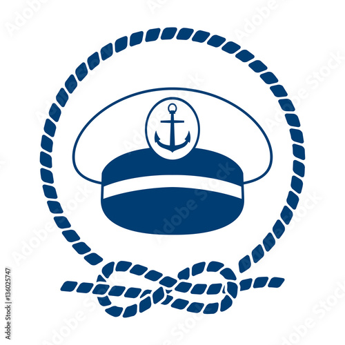 Icono plano gorra capitan barco con circulo de cuerda azul en fondo blanco