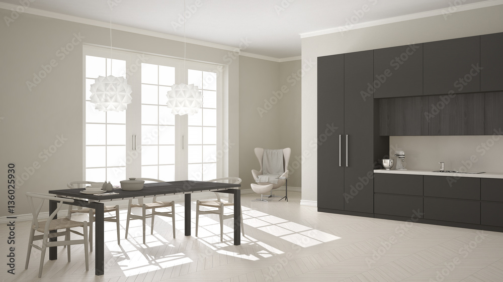 Scandinavian classic white kitchen with wooden and gray details,