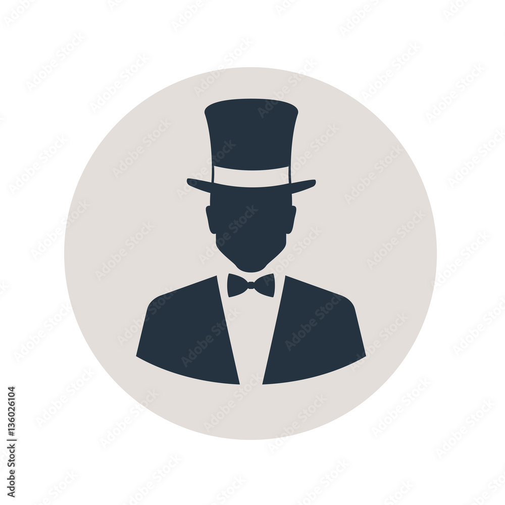 Icono plano silueta hombre con chistera en circulo gris Icono plano silueta hombre con chistera en circulo gris