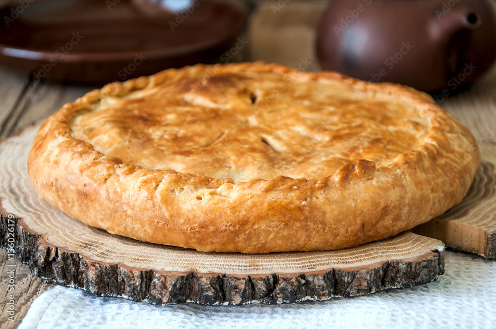 Flacky dough pie with meat and vegetables Flacky dough pie with meat and vegetables