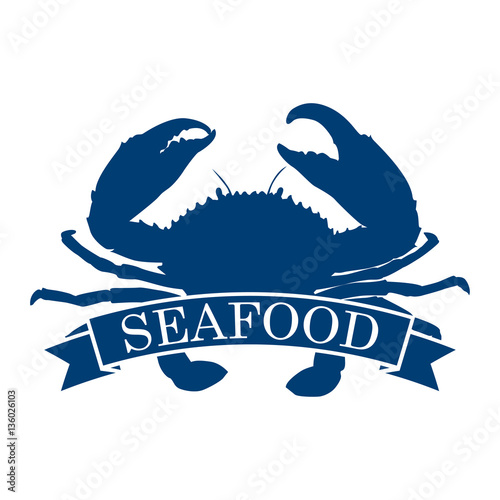 Icono plano SEAFOOD en cangrejo azul en fondo blanco