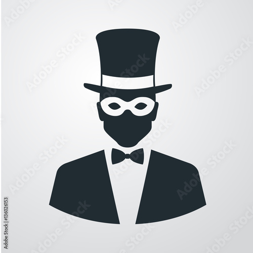 Icono plano silueta hombre con chistera y antifaz en fondo degradado