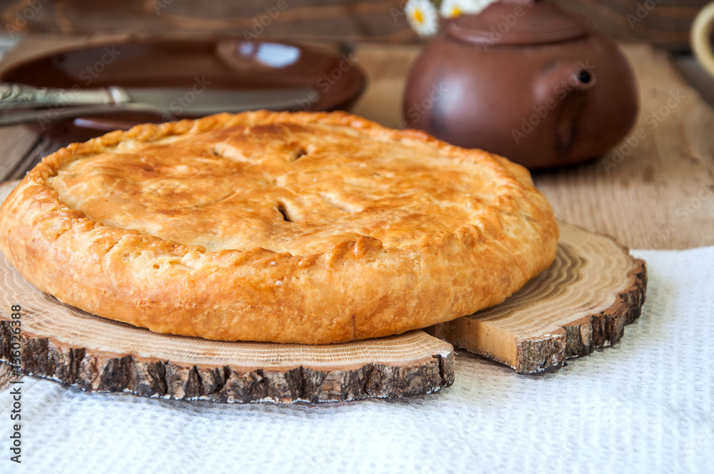 Flacky dough pie with meat and vegetables Flacky dough pie with meat and vegetables