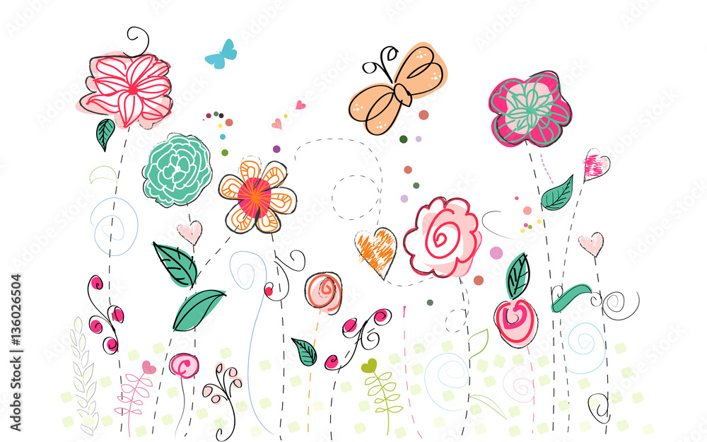 Obraz premium Spring colorful abstract doodle flowers