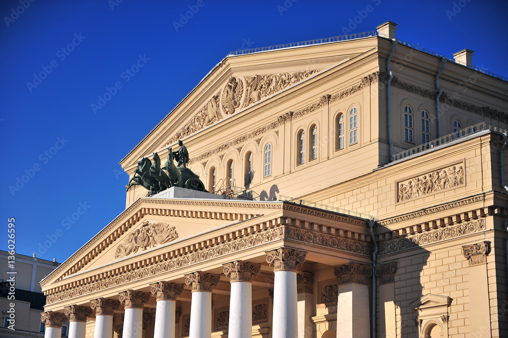 Facade of Bolshoi theater in city centre of Moscow