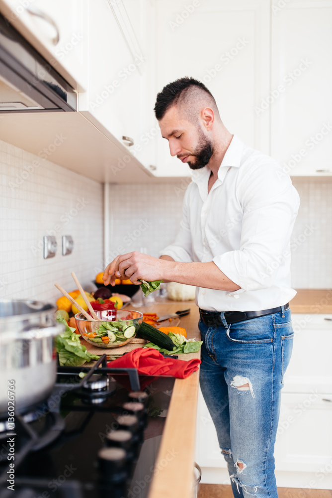 perfect boyfriend preparing for valentine's day, cooking salad for girl perfect boyfriend preparing for valentine's day, cooking salad for girl