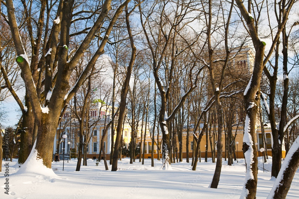 Gomel, Belarus, January 26, 2006: Tower of Palace of Rumyantsev-Paskevich, palace and park ensemble, winter landscape.