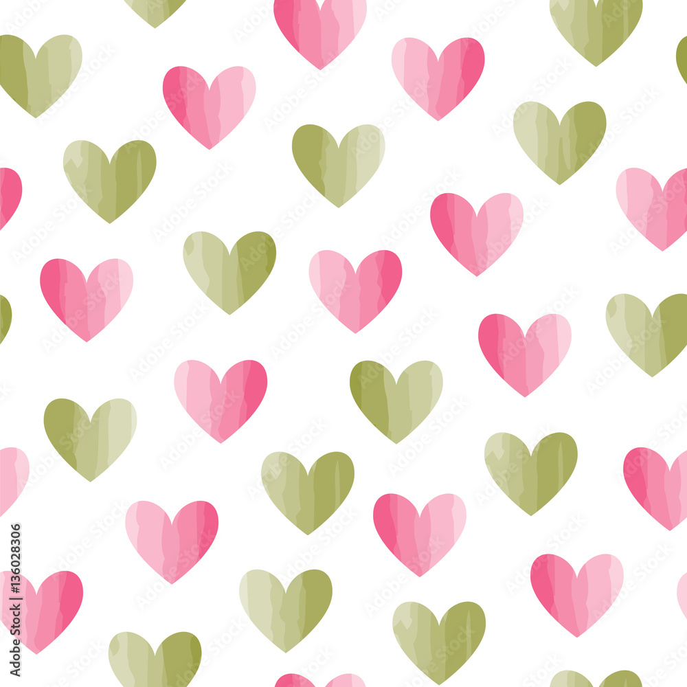 Pink and green hearts. Modern seamless pattern. Vector background.