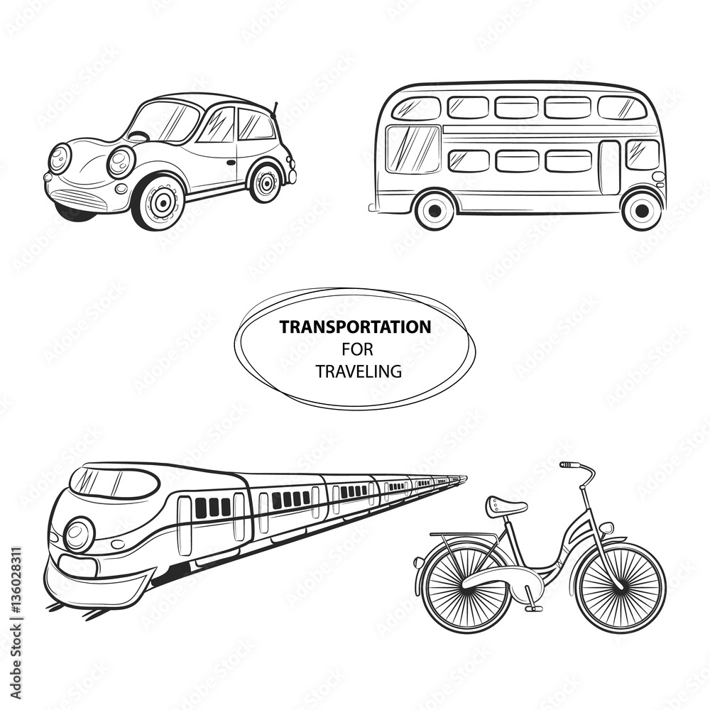 Hand draw sketch Transportation Travel icons: train, bus, car, bike. Vector  illustration Stock-vektor | Adobe Stock