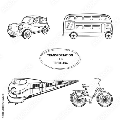 Hand draw sketch Transportation Travel icons: train, bus, car, bike. Vector illustration photo