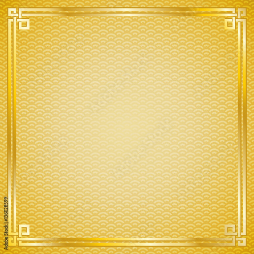 Vector oriental vintage gold frame on gold pattern background for chinese new year celebration card