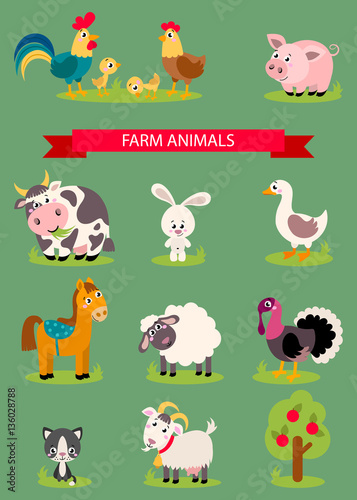 Big set isolated farm birds, animals. Vector collection funny animals. Cute domestic animals in cartoon style. Pig, rooster, hen, chicken, horse, cow, rabbit, goose, duck, sheep, turkey, cat, goat © anhut